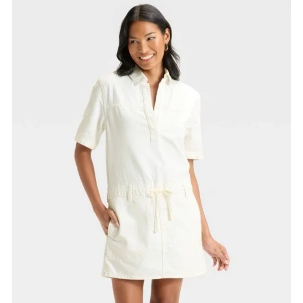 Women's Universal Thread Short Sleeve‎ Drop Waist Drawstring Denim Mini Dress S